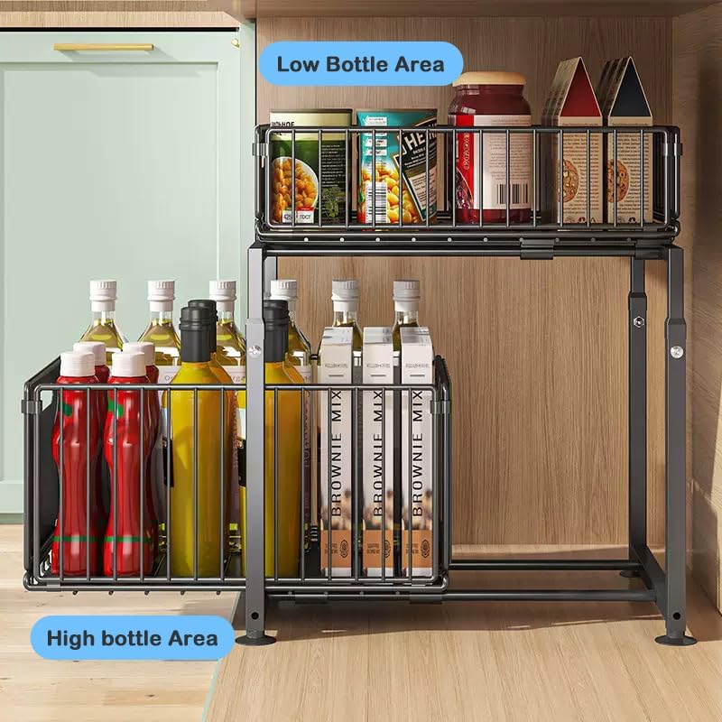 Under Sink Organizer with Adjustable Height, 2 Tier Pull Out Cabinet Design, Sliding Sink Shelf for Enhanced Storage Capacity, Counter Organizer Storage for Kitchen & Bathroom, Black, 1 Pack