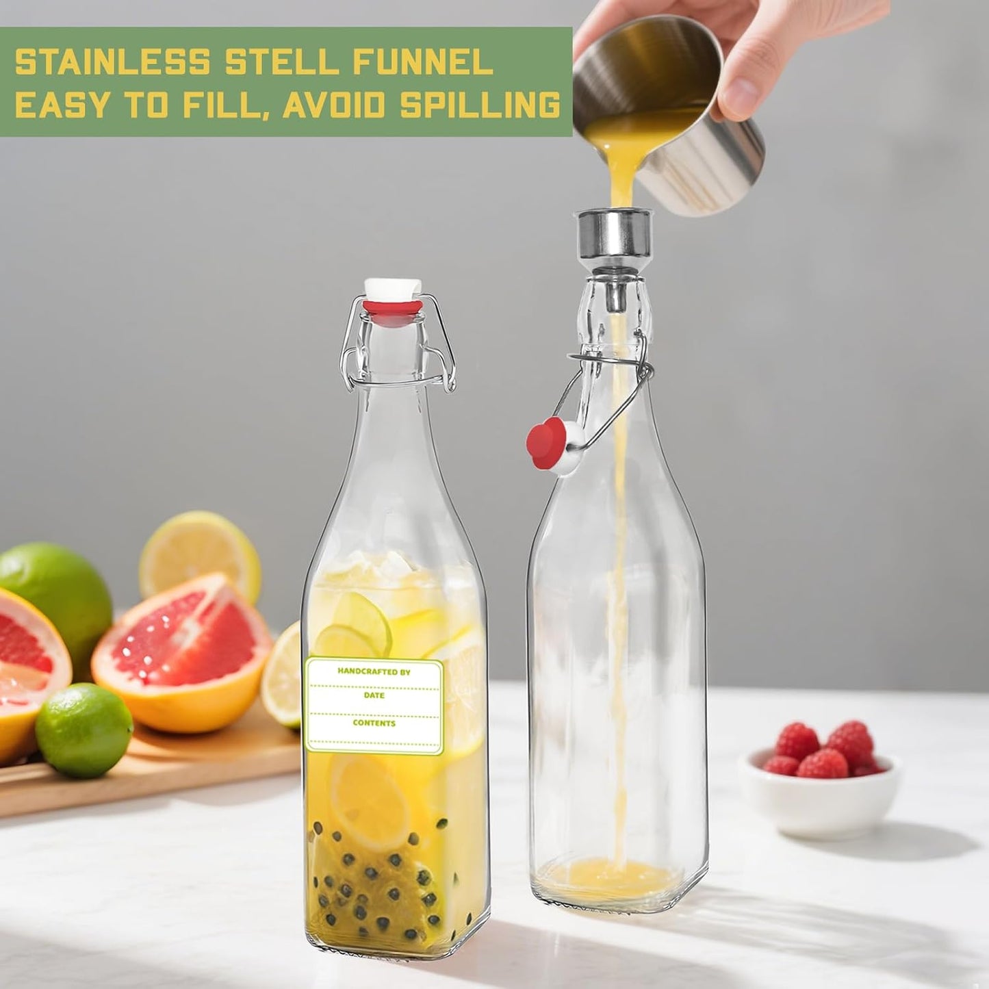 6 Pack [1 Liter / 33 fl. oz.] Square Swing Top Glass Bottles–Airtight Flip Top Brewing Bottles for Kombucha, Beer, Wine, Kefir, Soda, Liquor–Includes Funnel, 2 Pourers, 6 Seals, 8 Labels & Jute Twine