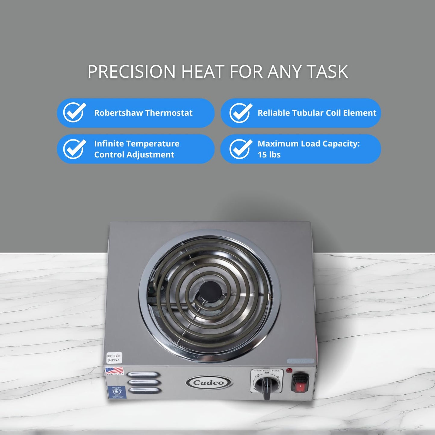 Cadco CSR-3T(220) 14" Electric Portable Countertop Hi-Power Hot Plate w/One Tubular Burner for Restaurant Hotel Food Truck Concession Kiosk, Stainless Steel, 220v