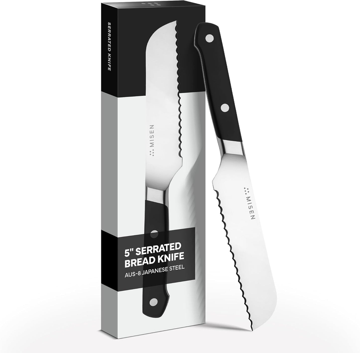 Misen Serrated Bread Knife – High-Carbon Japanese AUS8 Steel – Effortless Slicing of Bread, Pastries, and Fruits – Razor-Sharp Edge and Durable Blade with Ergonomic Handle - 5", Black