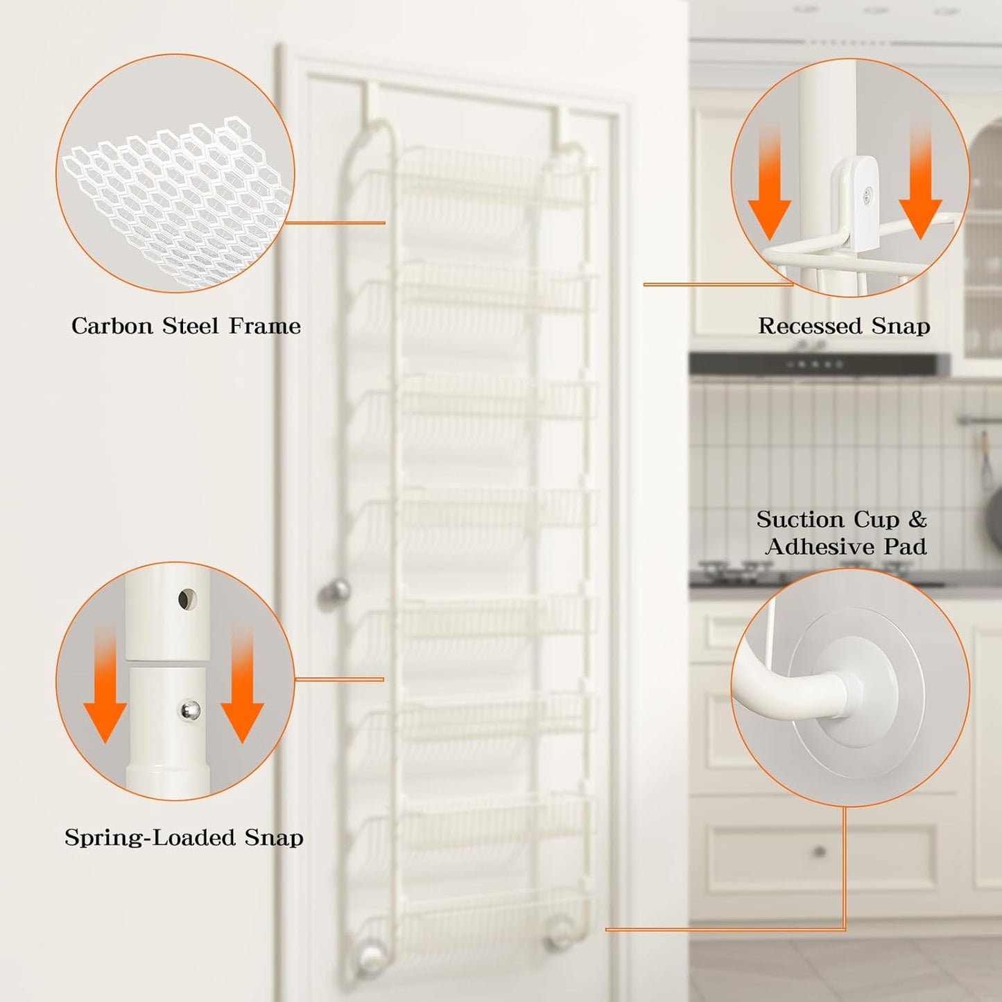 MIAOLI Over the Door Pantry Organizers and Storage, 8-Tier Spice Rack, Home & Kitchen Storage Shelves for Cabinet, Large Capacity Hanging Seasoning Organizer, Laundry Room Organization, White