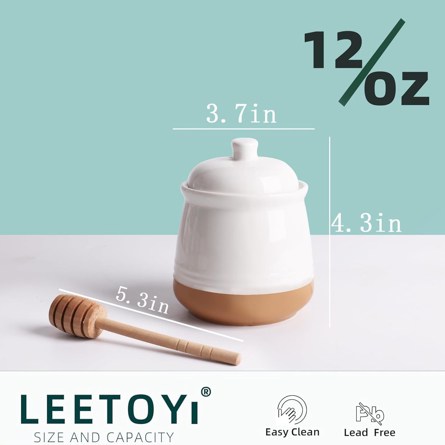 LEETOYI Honey jar with Lid and Wooden Dipper, 12 oz Ceramic Honey Container Dispenser for Home, Microwave & Dishwasher Safe, White