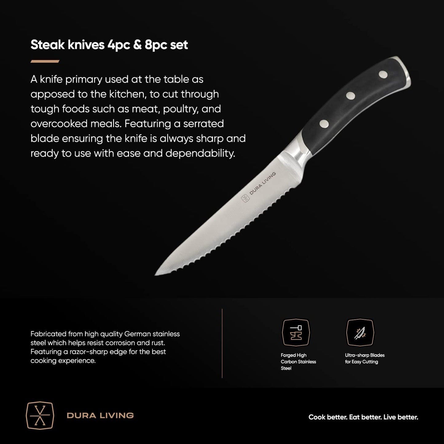 4-Piece Serrated Kitchen Steak Knife Set – Forged High Carbon Stainless Steel, Ultra Sharp, Ergonomic Black Handles, Durable Dinner Knives, Black Handle