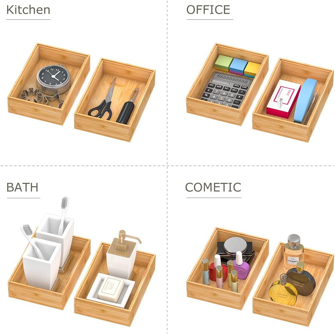Bamboo Kitchen Drawer Organizer,Stackable Silverware Tray Utensil Organizer Cutlery Holder for Kitchen,Wooden Storage Box for Bathroom, Multi-Use Storage Bins Boxs Dividers for Office(9x6x2.5 inch）