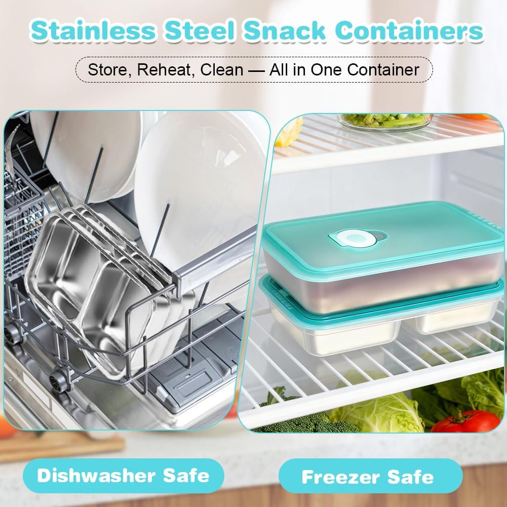 YQL 2 Pack Stainless Steel Food Containers with Lids, Double & Single Compartment Snack Boxes for Kids, Leakproof Reusable Bento Box for Lunch Prep, Travel, School, Camping