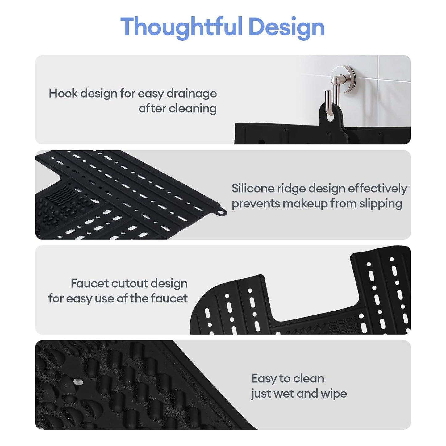 IeBilif Sink Cover for Counter Space, Foldable Bathroom Sink Covers, Makeup Organizer Mat Space Saver with Hanging Loop, Silicone Makeup Brush Cleaner Mat for Bathroom(Black)