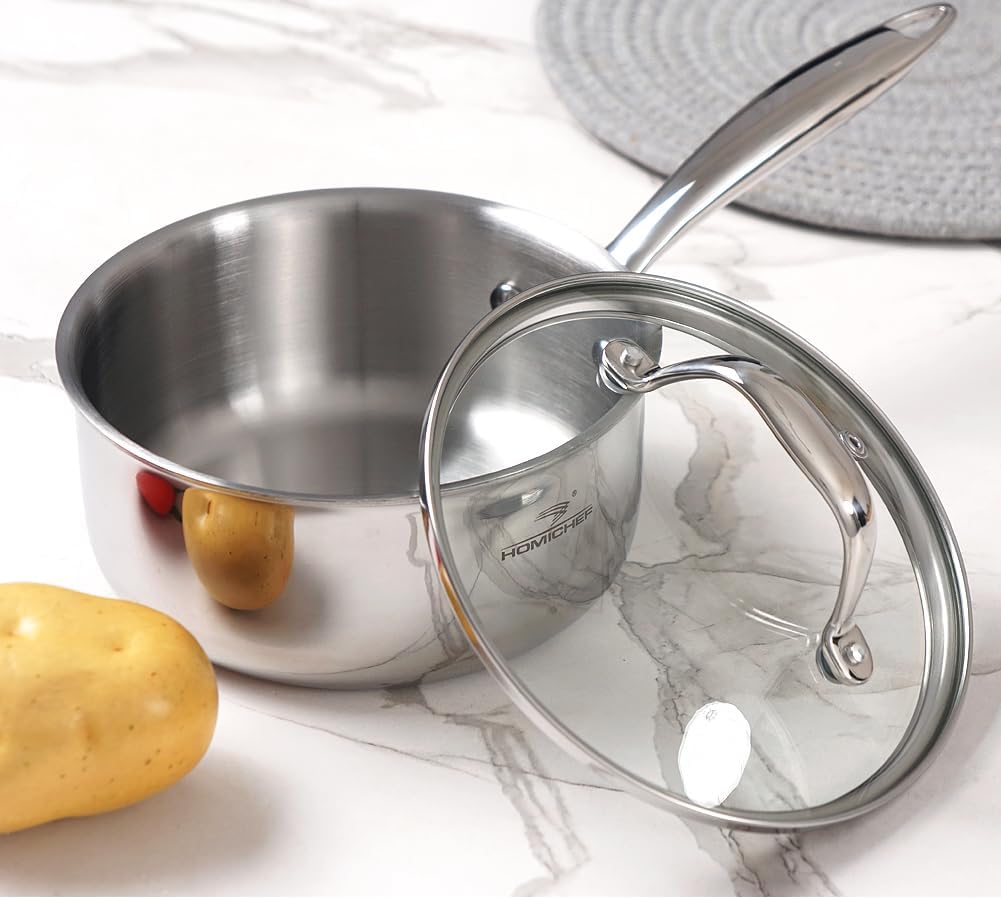 HOMICHEF Mirror Polished NICKEL FREE Stainless Steel 1.5 Quart / 6.5 Inch Sauce Pan with Glass Lid (No Toxic Non Stick Coating, Whole-Clad 3-Ply) Soup Pot Small Cooking Pot