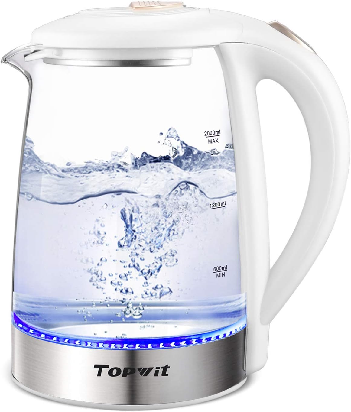 Topwit Electric Kettle Glass Electric Tea Kettle, 2L BPA-Free Hot Water kettle, Stainless Steel Inner Lid and Bottom Water Warmer, Fast Heating with Auto Shut-Off and Boil Dry Protection, White