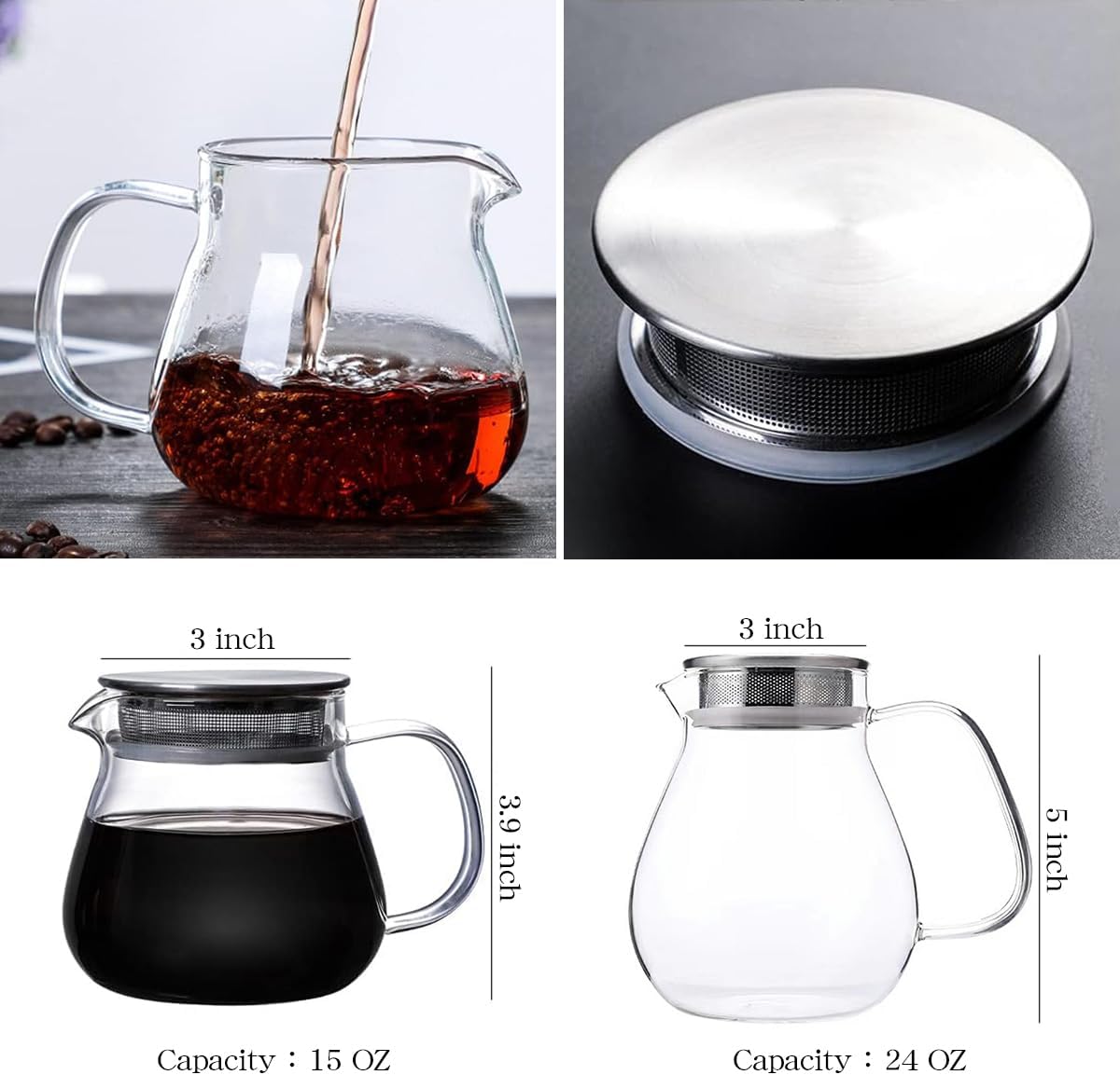 IwaiLoft Glass Teapot with Removable Stainless Steel Filter Lid Stovetop & Microwave Safe Borosilicate Glass Kettle for Loose Leaf, Blooming Tea And Coffee Sharing (24OZ)