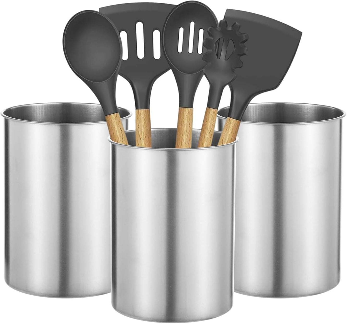3 PCS Stainless Steel Kitchen Utensil Holders, 5.5 x 7.3 in Cylinder Kitchen Countertop Organizer, Dishwasher Safe Cooking Utensil Holder, Large Capacity for Cafe Restaurant Bakery
