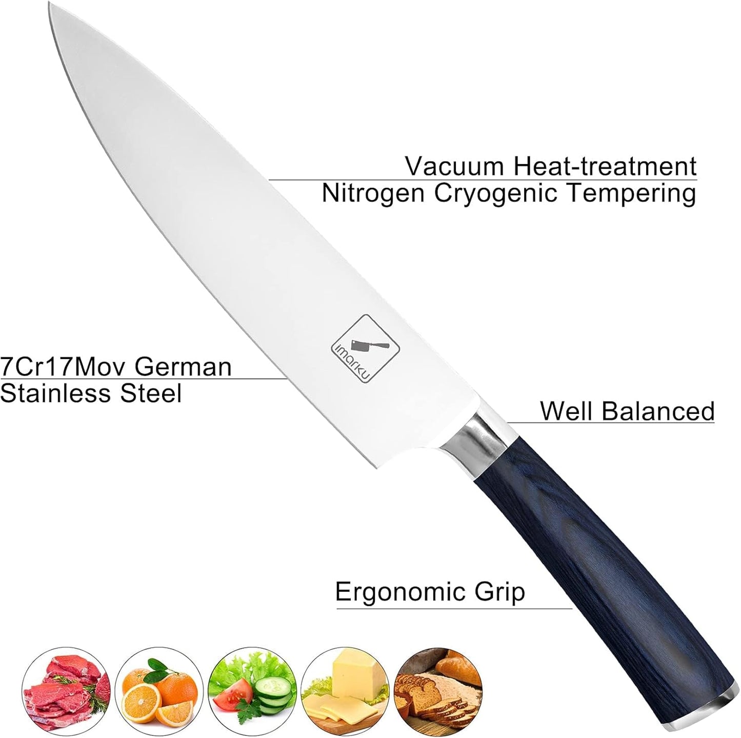 imarku Chef Knife - 8 Inch Pro Kitchen Knife, High Carbon Stainless Steel Japanese Knife, Chef's Knives with Ergonomic Handle, Ultra Sharp Knife, Gifts for Men and women (Blue Handle)