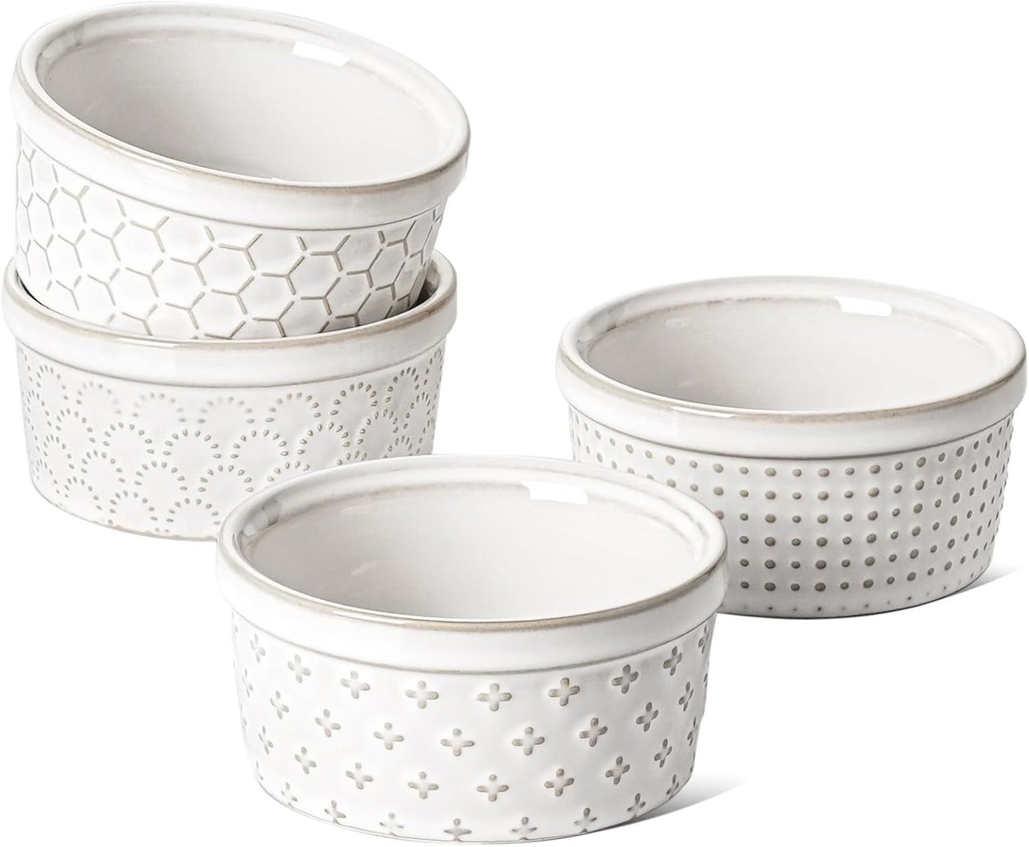 LE TAUCI Ramekins 6 oz, Ramiken for Creme Brulee, Lava Cake,Pudding, Souffle, Small Sauce Bowl,Ceramic Baking Dishes- 4 inch, Set of 4, Arctic White