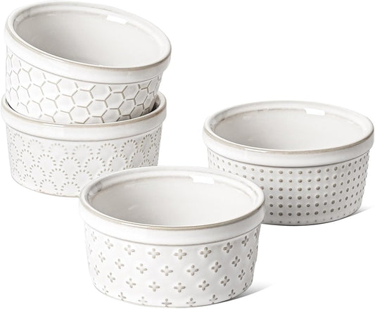 LE TAUCI Ramekins 6 oz, Ramiken for Creme Brulee, Lava Cake,Pudding, Souffle, Small Sauce Bowl,Ceramic Baking Dishes- 4 inch, Set of 4, Arctic White