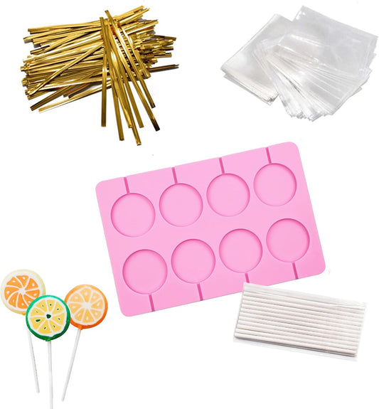 8-Capacity Large Silicone Lollipop Molds, Chocolate Hard Candy Mold with 60pcs Sucker Sticks, Candy Treat Bags, Gold Ties. Great for Sucker, Hard Candy, Lollipop, Cake pop (Large Round)