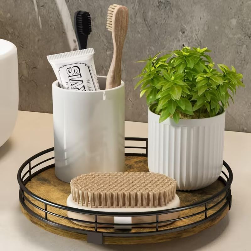 Lazy Susan Turntable Organizer for Table Top, 9’’ Round Wooden Lazy Susan for Cabinet Kitchen Countertop Pantry Dining Coffee Table for Condiments Spices, Rustic Bathroom Vanity Tray for Soap Candle