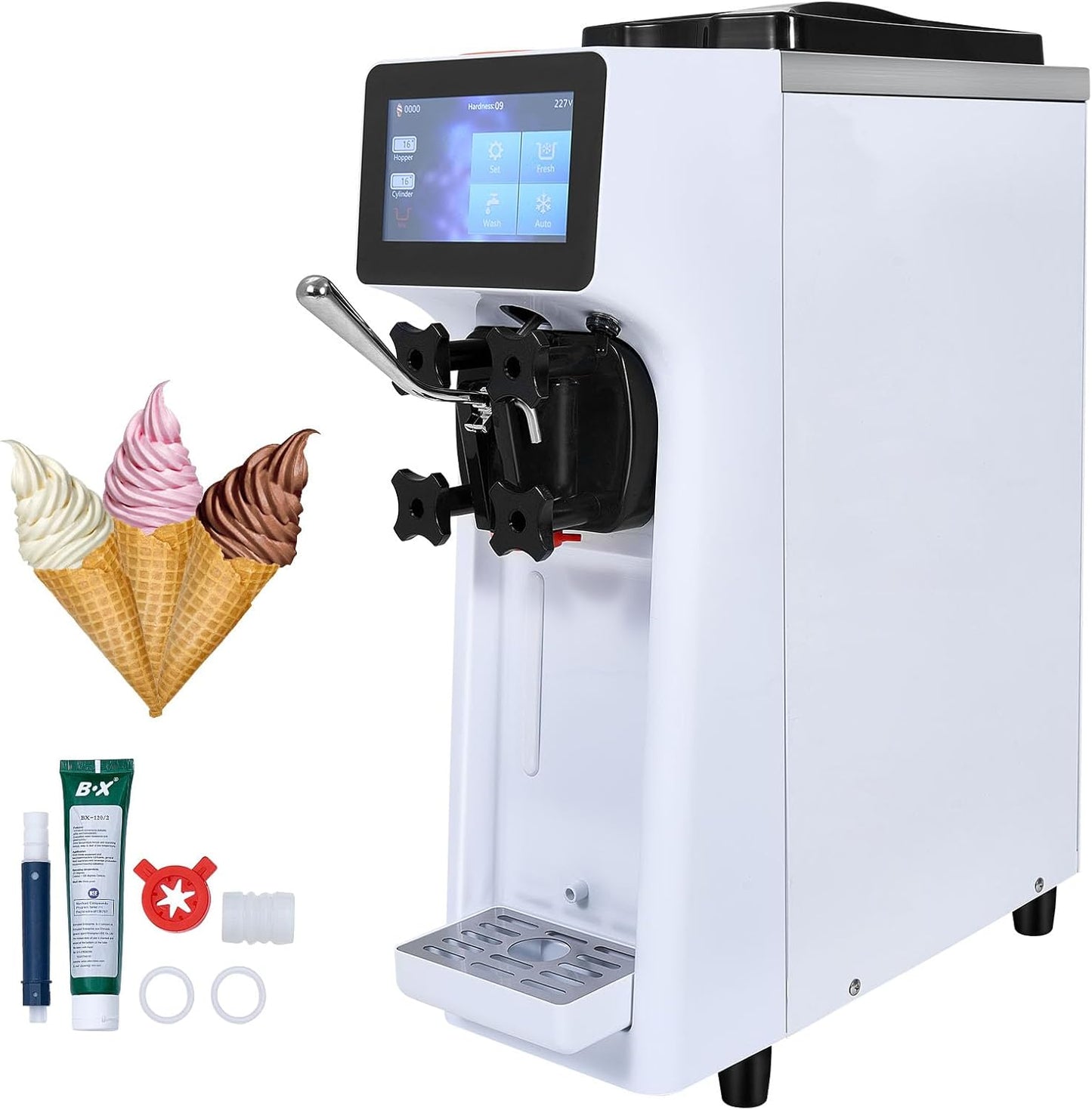 VEVOR Commercial Ice Cream Machine, 10.6 QT/H Yield, 1000W Single Flavor Countertop Soft Serve Ice Cream Maker, 4L Hopper 1.6L Cylinder, Touch Screen Auto Clean Pre-cooling, for Restaurant Snack Bar