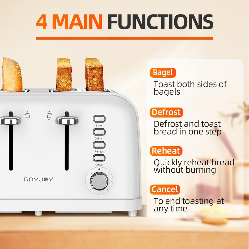 White Toaster 4 Slice, Dual Independent Controls, Extra Wide Slot Toasters for Bagel, Bread, Waffles, 7 Shade Settings, 4 Main Functions, Removable Crumb Tray, 1500 Watts, White Stainless Steel