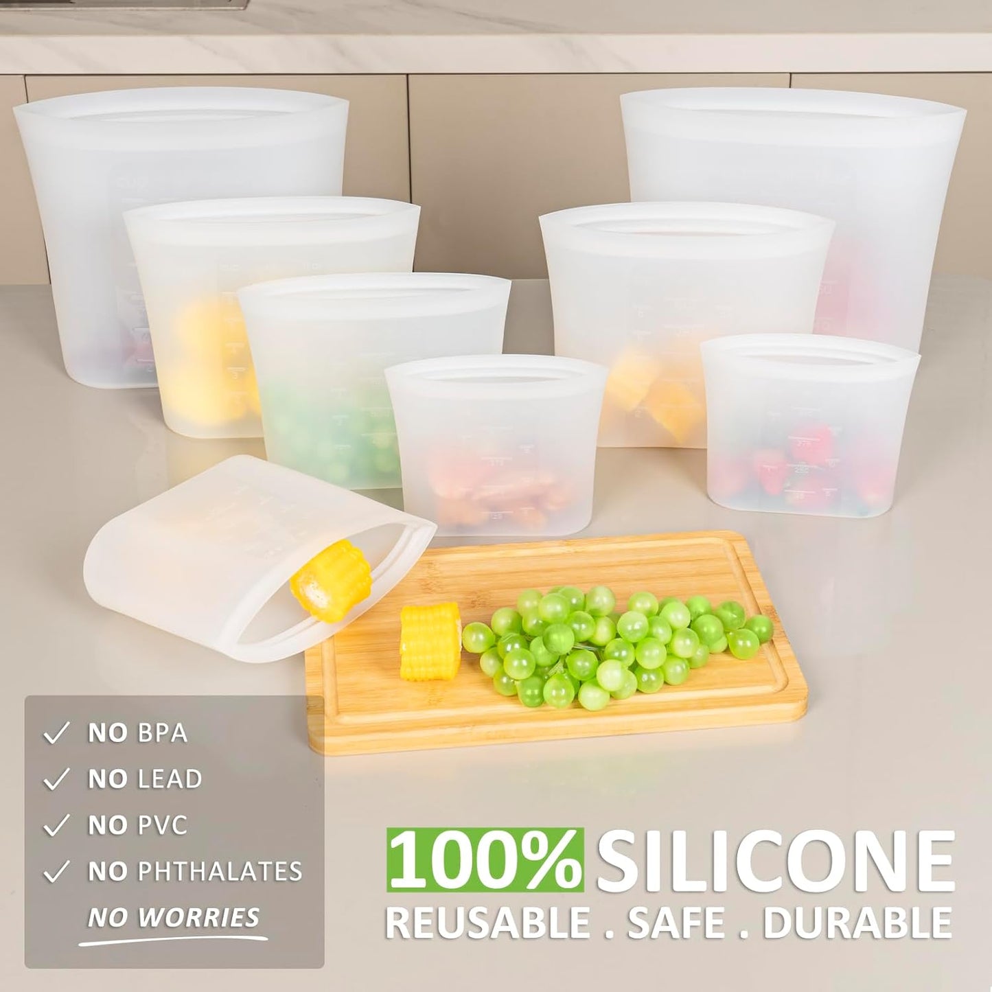 Reusable Storage Bag, 12 Pack 100% Silicone Food Storage Bags Stand Up Zip Lock Bags for Food, Freezer Microwave Oven Dishwasher Safe, 3 Extra Large(0.8 Gallon) 3 Medium 3 Small 3 X-Small, Translucent