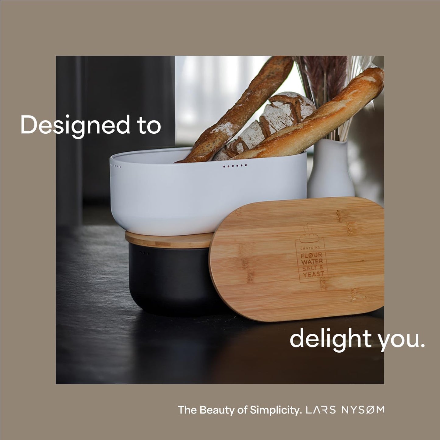 LARS NYSØM Bread Box I Metal Box with linen bag for long lasting freshness I Bread Bin with bamboo lid usable as cutting board I 14.2x7.5x5.1 In (Pure White)