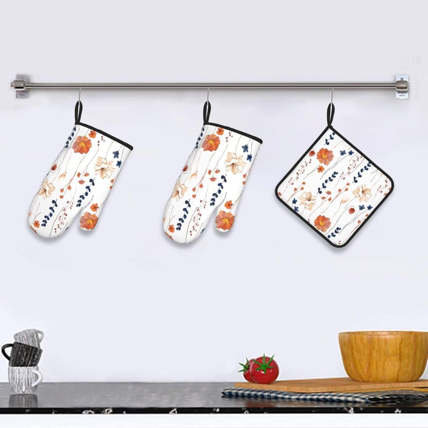 Watercolor Orange Floral Oven Mitts and Pot Holders Set Heat Resistant Non Slip Set of 3 Navy Blue and Orange Flower Decorative Kitchen Gloves Hot Pads for Cooking BBQ Baking Grilling