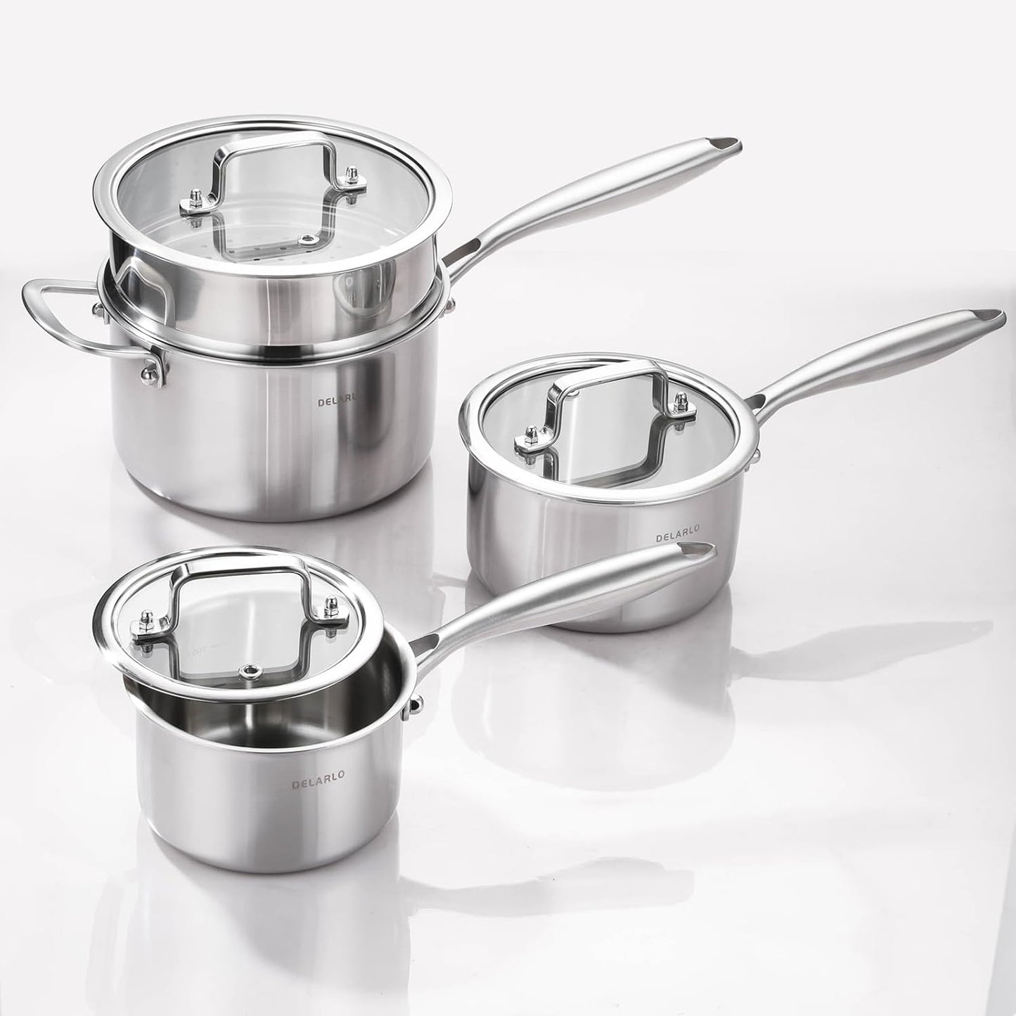 DELARLO Kitchen Pot Set, Tri-Ply Stainless Steel Saucepan Set, 1.0QT 2QT 3.5QT, Cooking Set, Fast Even Heat, Saucepan set Compatible with all Cooktops 600℉（Lids 300℉） 3.5QT Pot with a Steamer