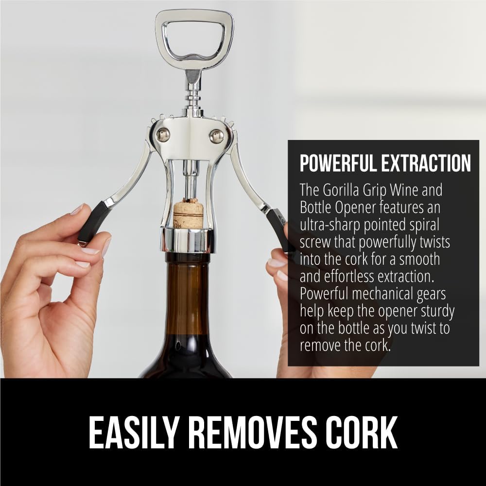 GORILLA GRIP BPA-Free Sharp Wine Opener, Heavy Duty Zinc Alloy Wing Corkscrew, Multifunctional Bottle Opener, Remove Corks or Cap, Easy to Use Bar Cork Screw, Dishwasher Safe Kitchen Essentials, Black