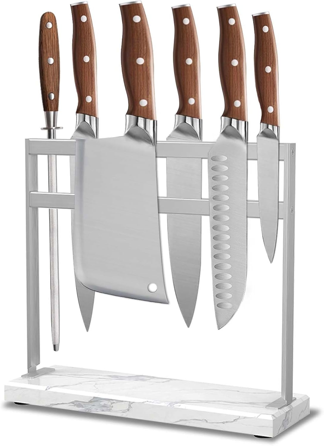 Magnetic Knife Stand Block with Marble Base, Double-sided Stainless Steel Magnets for Countertop, Magnetic Knife Holder for Kitchen Storage, 12 IN, White