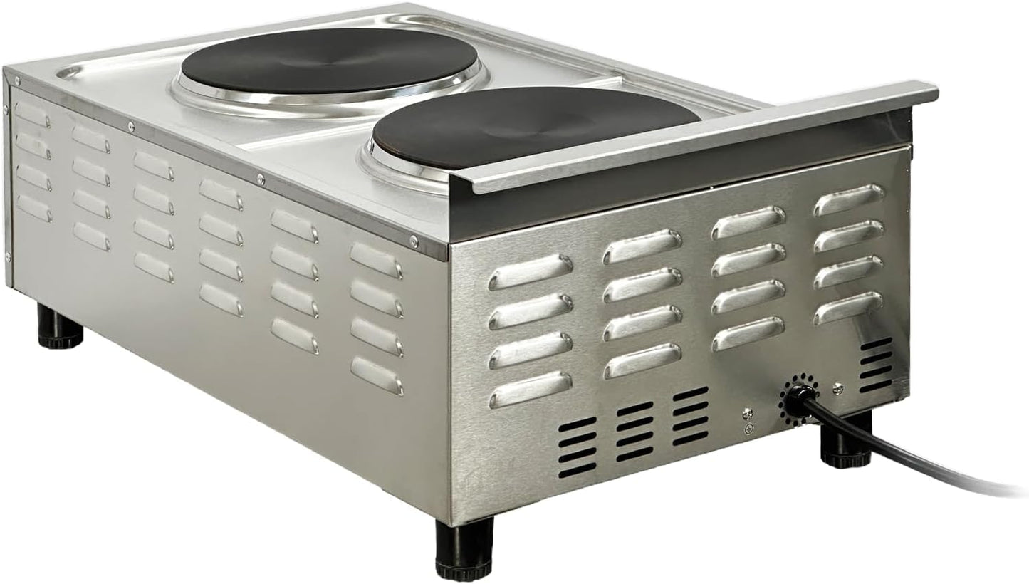 Commercial Double Hot Plate, 3600W Electric Burner, 9-inch Cast Iron Plates, 6 Heat Settings, Stainless Steel Construction FG-02A ETL