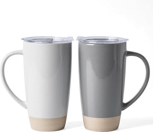 famiware Milkyway Coffee Mugs, 20oz Large Coffee Mug, Ceramic Mug Set of 2 with Lid, Cup Set with Handle for Latte, Tea, Cocoa, Milk, Home & Office, Light Gray and Dark Gray