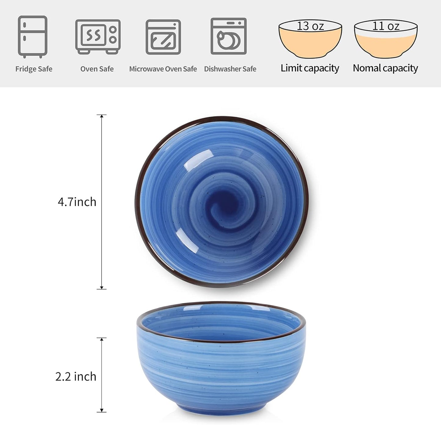 Selamica Ceramic 12 Oz Dessert Bowls Set, Small Bowls for Kitchen, 4.7 Inch Ice Cream Bowls for Snack Side Dishes Dips, Microwave Dishwasher Safe, Set of 6, Gradient Blue