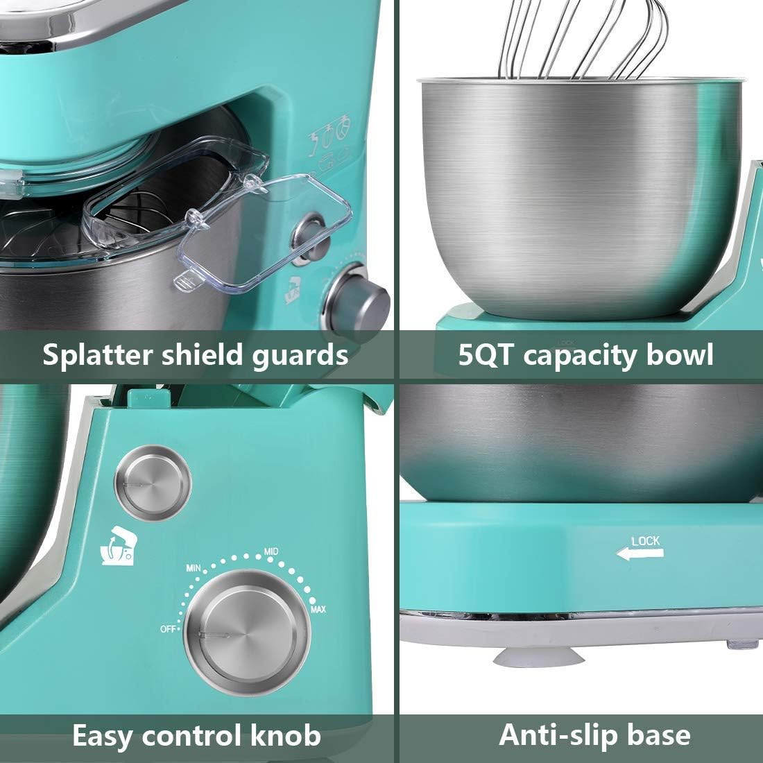 CUSIMAX Stand Mixer, 5-QT Stainless Steel Bowl Food Mixer, Tilt-Head Kitchen Electric Mixer with Dough Hook, Mixing Beater and Whisk, Splash Guard, Green