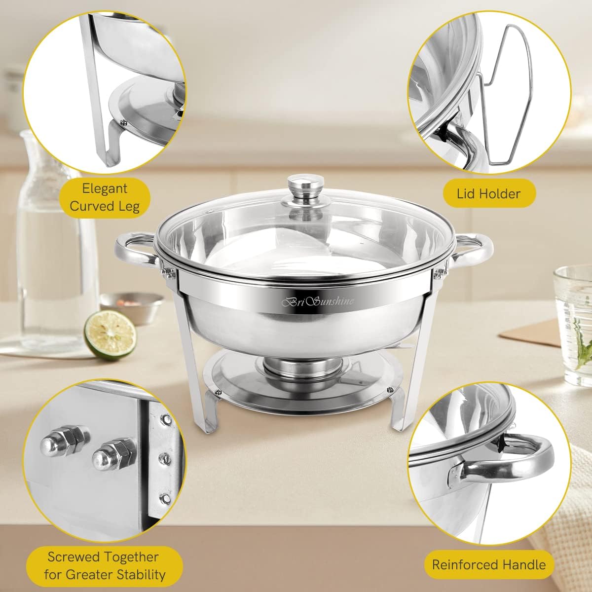Chafing Dish Buffet Set 4 Packs, 5 QT Stainless Steel Round Chafing Dishes with Glass Lid & Lid Holder, Food Warmer for Parties Buffet Weddings Catering Events