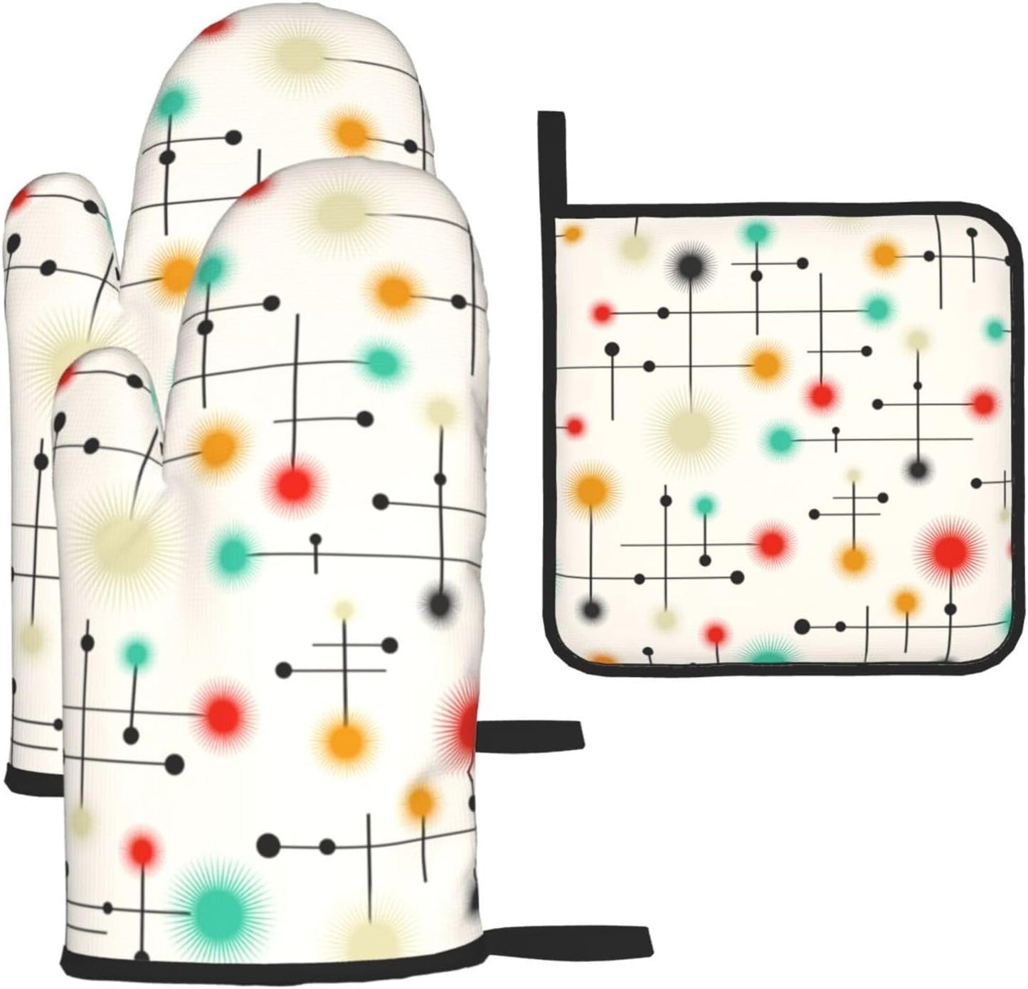 Mid Century Modern Oven Mitts and Pot Holders Sets of 3 Heat Resistant Non Slip Retro Kitchen Gloves Hot Pads for Cooking BBQ Grilling Baking