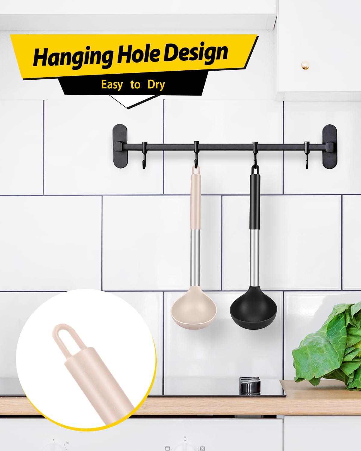 Pack of 2 Ladle Spoon,Silicone Large Spoon for Soup,Non Stick Kitchen Utensils with High Heat Resistant,BPA Free Perfect Kitchen Tools for Cooking, Stirring,Serving Soups (BLACK-KHAKI)