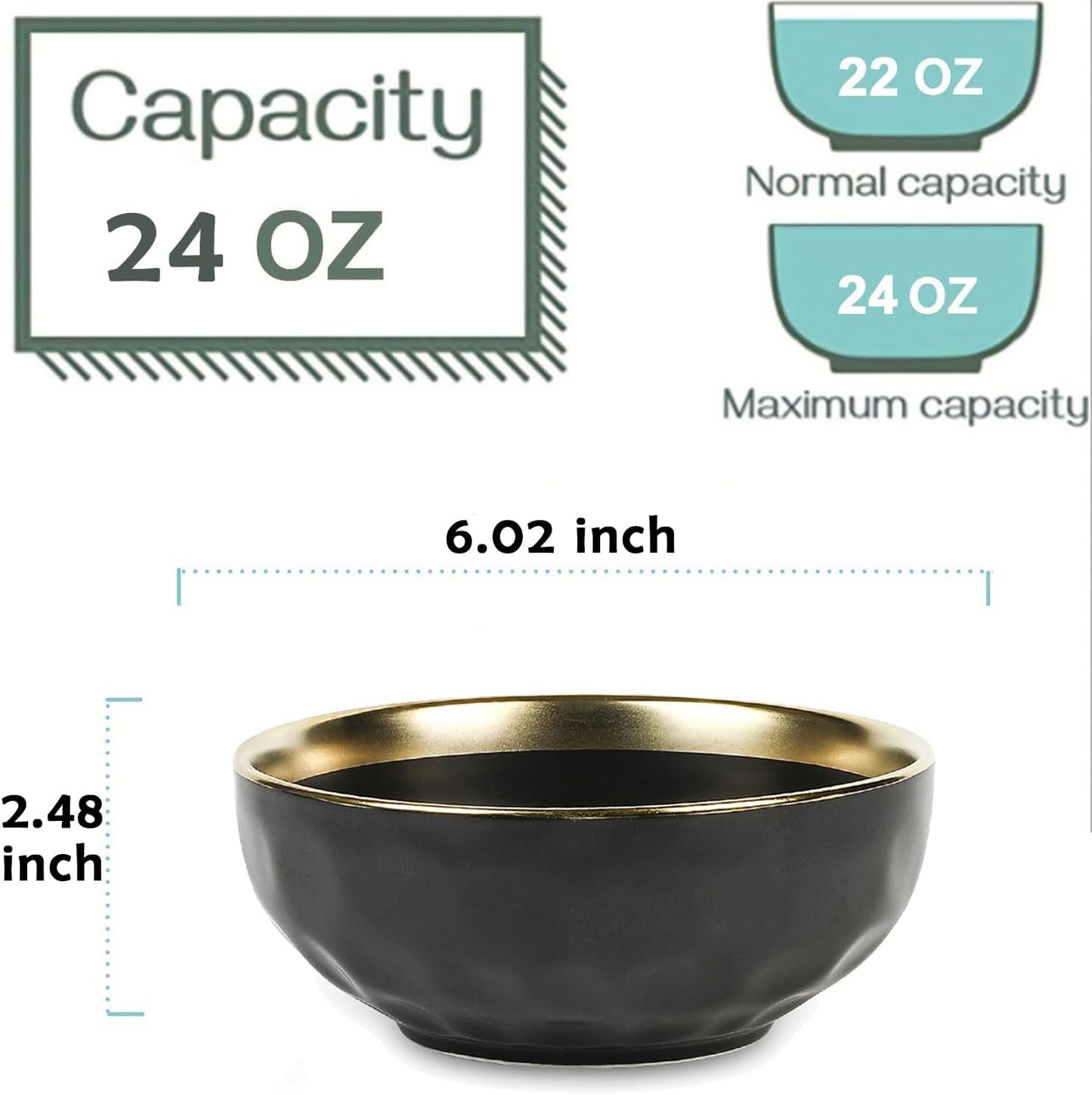 vicrays Ceramic Salad Bowls Set for Kitchen, Serving - 24 Ounce Soup Bowls, Pasta Bowls, Chip Resistant, Dishwasher Safe, NOT Microwave Safe, Fluted, Stoneware, Set of 6 (Black with Golden)