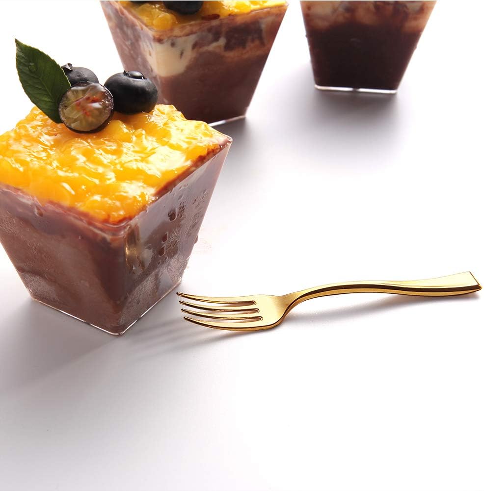 WDF Disposable Plastic Mini Forks 300 Pieces 4 Inches | Gold Plastic Forks | Heavy Duty Plastic Tasting Forks | Perfect for Small Appetizers and Desserts