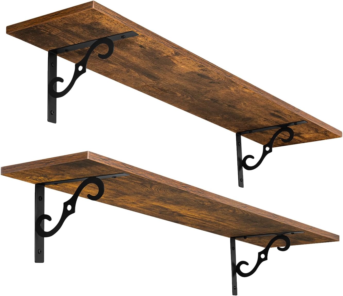 DINZI LVJ Long Wall Shelves, 31.5 Inch Large Floating Shelves Set of 2, Wide Display Shelf Wall Mounted with Brackets, Easy Hanging for Living Room, Toilet, Office, Bedroom, Rustic Brown