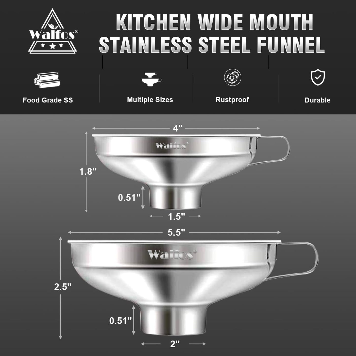Walfos 2 Pack (4in & 5.5in) Stainless Steel Wide-Mouth Funnel with Handle for Wide and Regular Mason Jars Canning Jars, Wide-Mouth Funnels for Kitchen Use,Transferring Liquid and Dry Ingredients