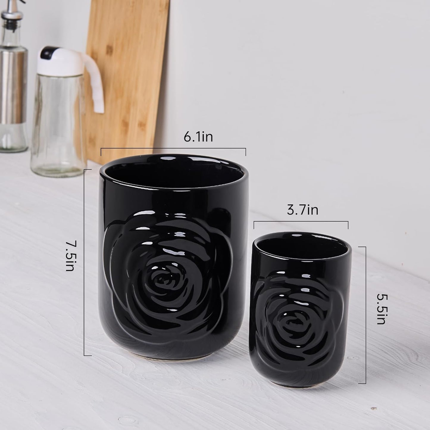 Black Ceramic Utensil Holder Set of 2 - Rose Carved Design, Kitchen Countertop Utensil Organizer for Spatula, Spoon & Cooking Tools, Large (7.5") & Small (5.5"), Farmhouse Kitchen Counter Decor