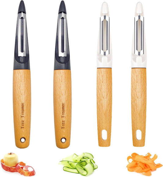 Trez Treamer 4 Pack Vegetable Peelers for Kitchen, Super Sharp Wooden Potato Peeler Set for Apple Cucumber Carrot Fruit Potatoes Veggie Peeler Bulk with Stainless Steel Blade,Dishwasher Safe