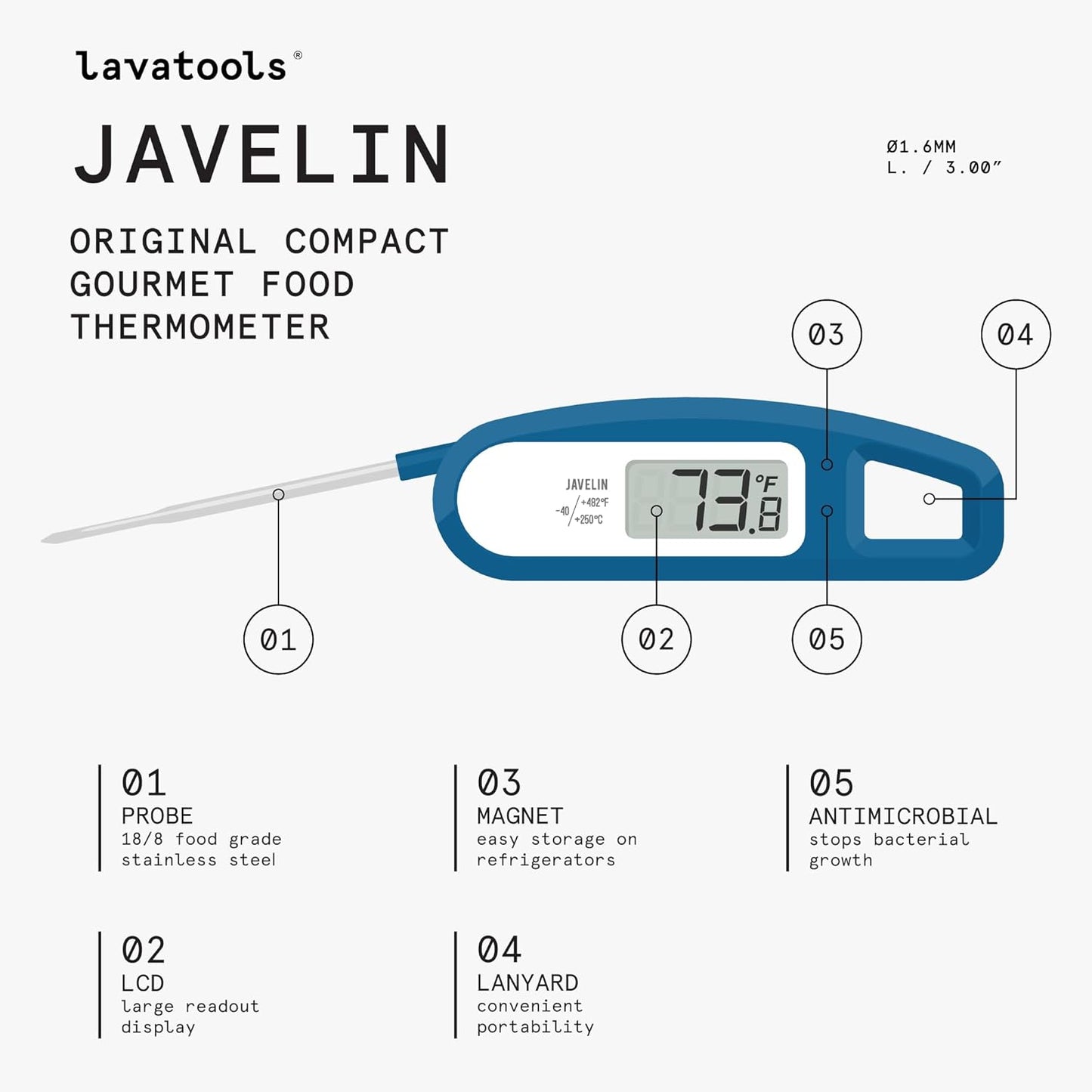 Lavatools Javelin® Ultra-Fast 3-Second Digital Instant Read Meat Thermometer for Grill and Cooking, 2.75" Probe, Compact Foldable Design, Large Display, IP65 Water Resistant, NSF Certified – Butter