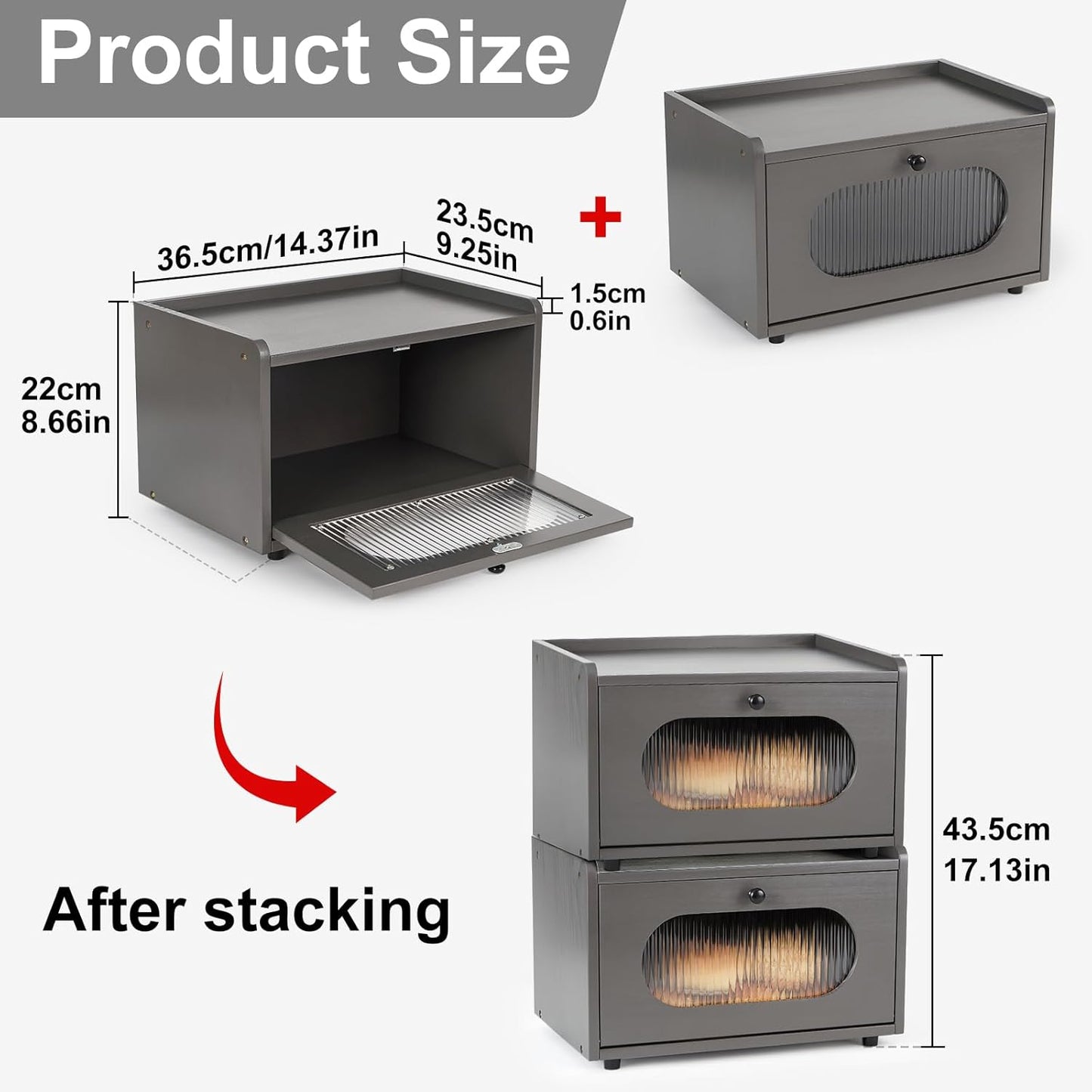 Sunhoo Bread Box for Kitchen Countertop Storage Wooden Breadbox Holder Container Morden Rustic Fresh Bread Keeper Farmhouse Stackable Organizer Bin for Homemade Food Shelf Acrylic Window (Grey)