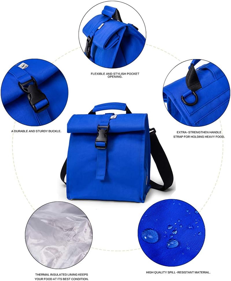 SUNNY BIRD Insulated Lunch Bag Rolltop Lunch Box Tote Lunchbox Bag for Women, Men, Adults and Kids (Blue)