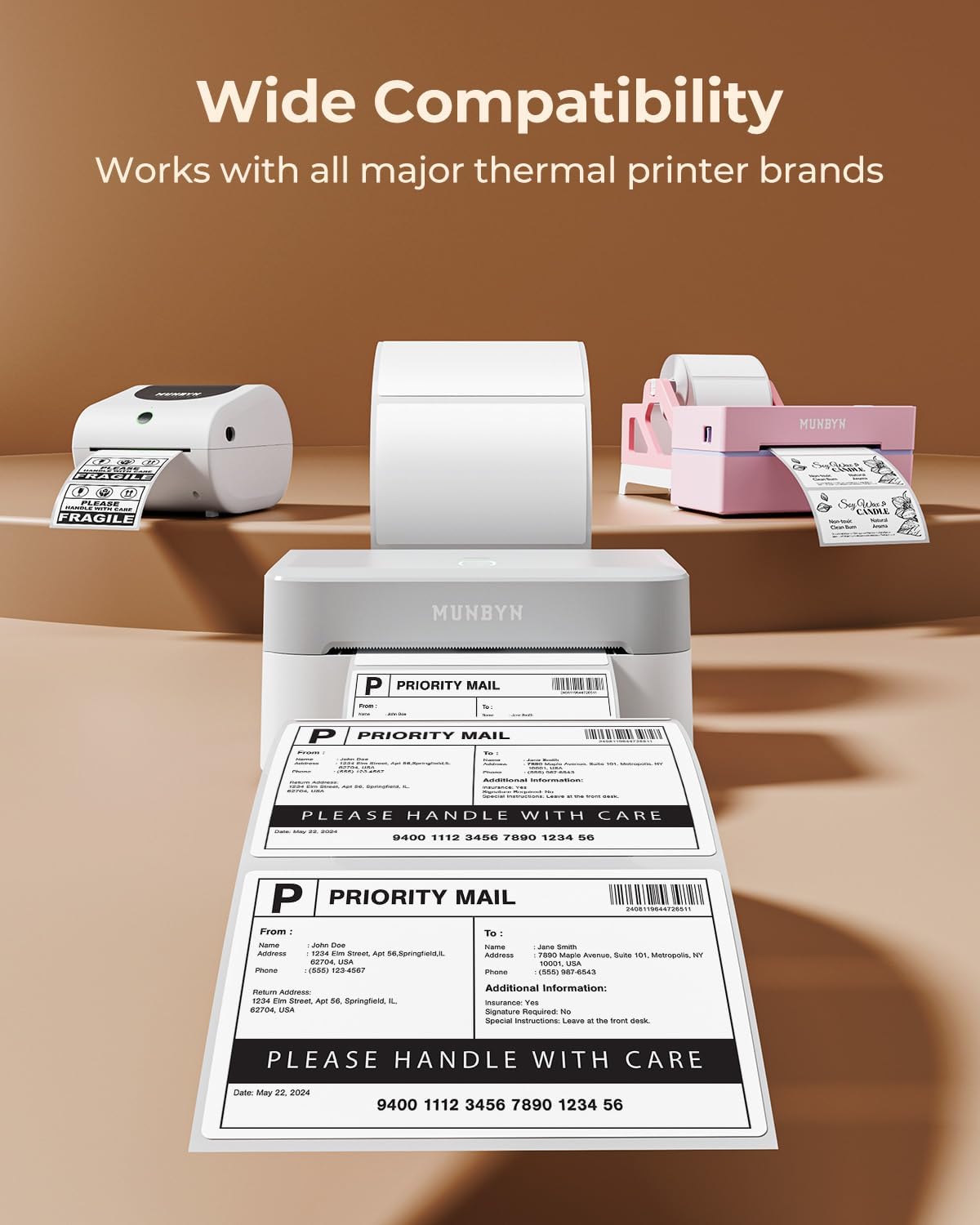 MUNBYN 4” X 3” Direct Thermal Labels, White Thermal Printer Stickers, Strong Adhesive, Labels Paper for Mailing, Barcode, 500 Sheets/1 Roll