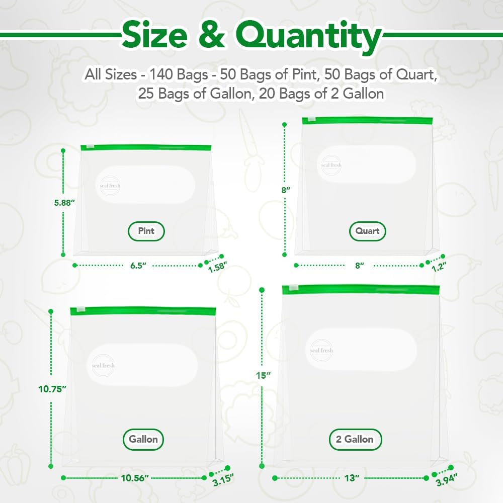 Slider Storage Bags Variety Pack 145 Count — Pint, Quart, Gallon, 2 Gallon Sizes — Expandable Bottom, BPA Free, Microwave Safe, Freezer Safe