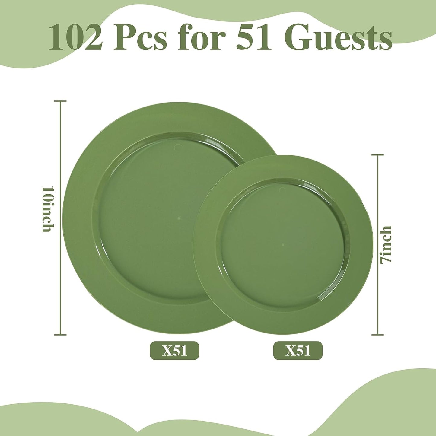 I00000 102 Pcs Green Plastic Plates, Green Disposable Plates Include 51 Dinner Plate 10’’ and 51 Dessert Plate 7’’ Perfect for Birthday, Party & Wedding