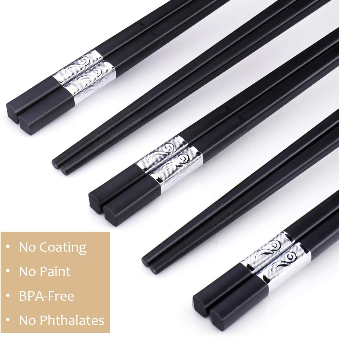 10 Pairs Fiberglass Chopsticks, GLAMFIELDS Reusable Chop sticks Dishwasher Safe, Non-slip, 9 1/2 inch (Silver)