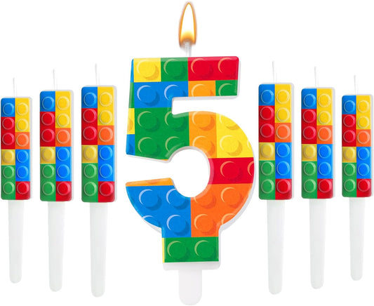 7 Pcs Building Block Themed Birthday Candles Set Building Blocks Number 5 Candle Cake Topper for Building Block Party Decoration Supplies (Number 5)