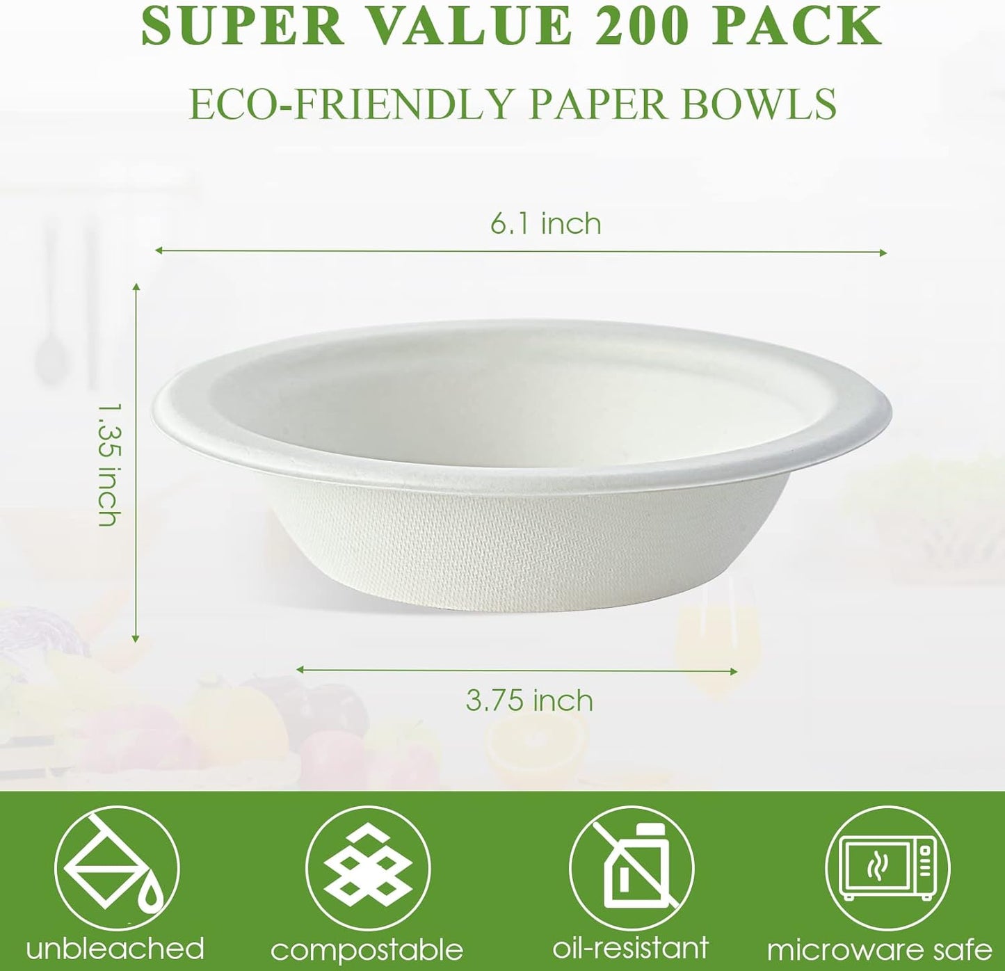 Vplus 200 Pack 12 OZ Paper Bowls, Disposable Compostable Bulk, Eco-friendly Bagasse, Heavy-duty Bowls Perfect for Milk Cereals, Snacks, Salads