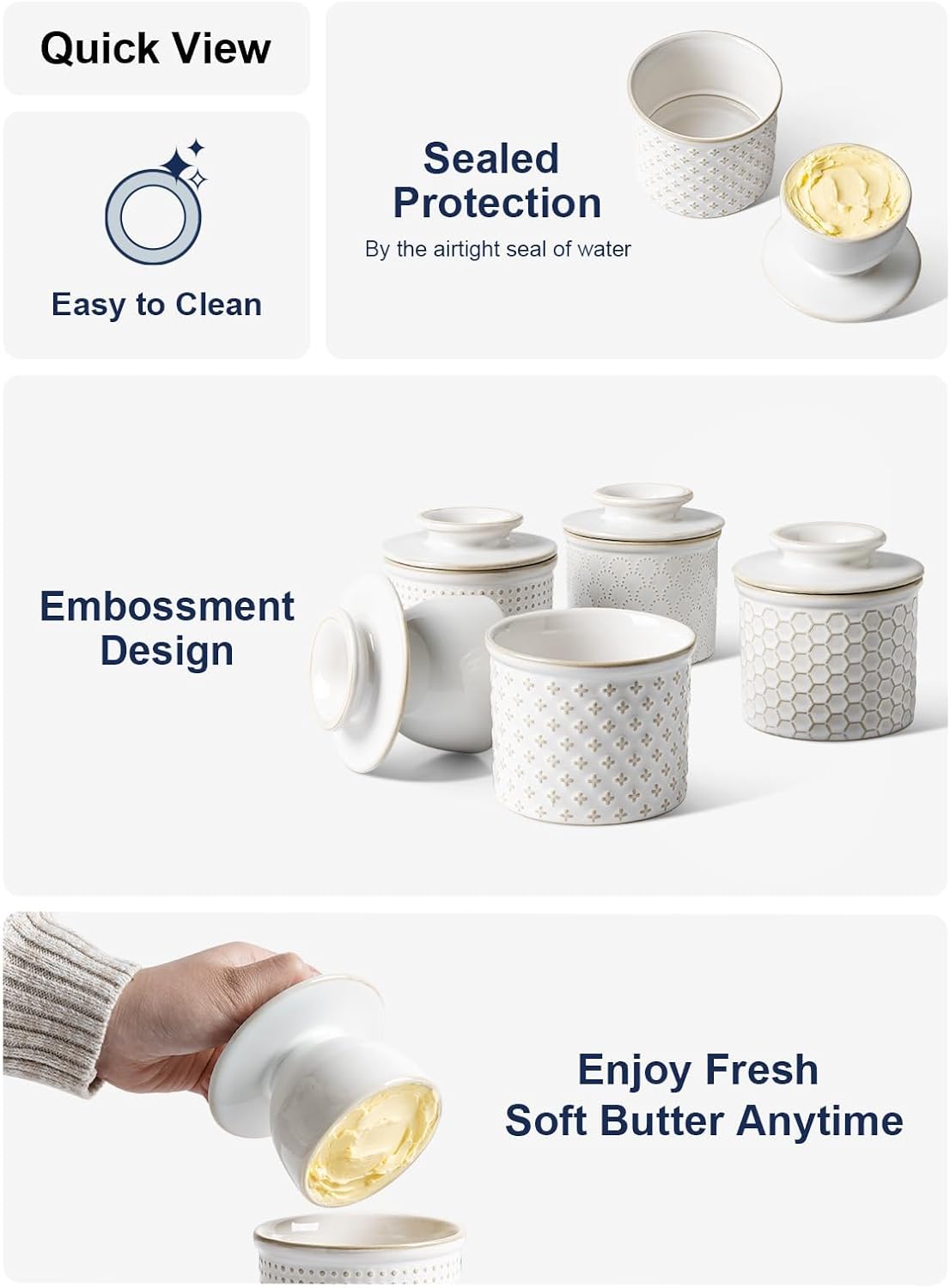 LE TAUCI Butter Crock, Butter Dish with Lid, Butter Container for Counter with Water Line, Embossed French Butter Keeper for Spreadable Butter, Suit For Housewarming - Set of 1, Arctic White,Fireworks